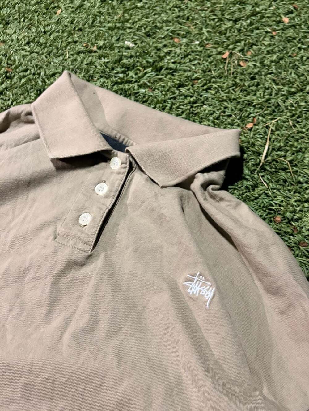 Stussy Pigment Dyed Long Sleeve Pique Polo Shirt Taupe